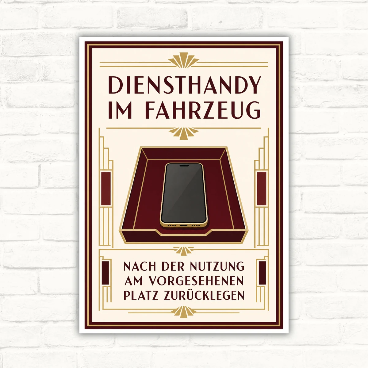 Hinweisschild mit Smartphone und Text „Diensthandy im Fahrzeug – nach der Nutzung am vorgesehenen Platz zurücklegen“.