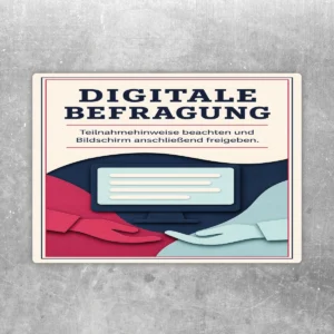 Digitale Befragung Aufkleber mit Monitor und Hinweis zu Teilnahmehinweisen sowie Bildschirmfreigabe im Hochformat.