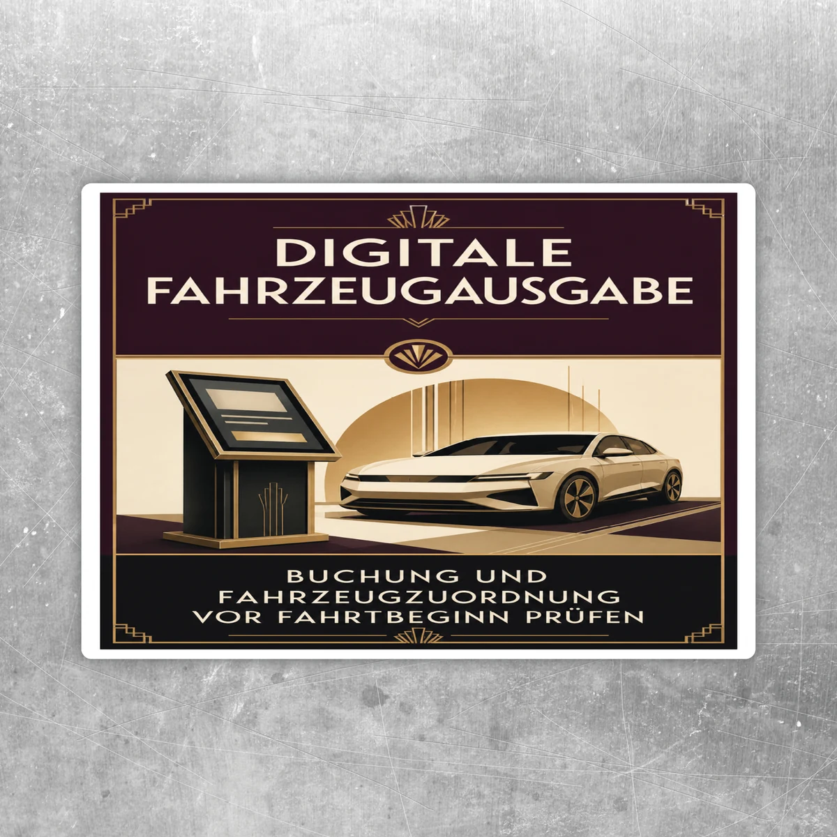 Aufkleber Digitale Fahrzeugausgabe mit Auto, Terminal und Hinweis zur Buchung und Fahrzeugzuordnung vor Fahrtbeginn.