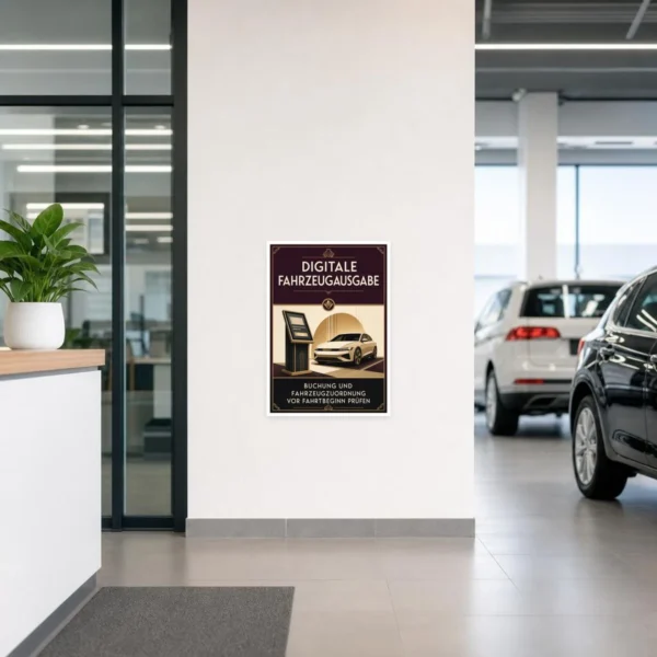 KI-generiertes Anwendungsbeispiel: Digitale Fahrzeugausgabe Aufkleber an Übergabestelle mit Auto und Terminal.