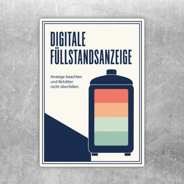 Aufkleber Digitale Füllstandsanzeige mit Hinweis Anzeige beachten und Behälter nicht überfüllen in Blau und Weiß.