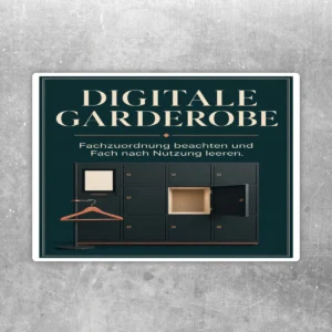 Hochformatiger Digitale Garderobe Aufkleber in Dunkelgrün mit Hinweis zur Fachzuordnung und zum Leeren der Fächer.