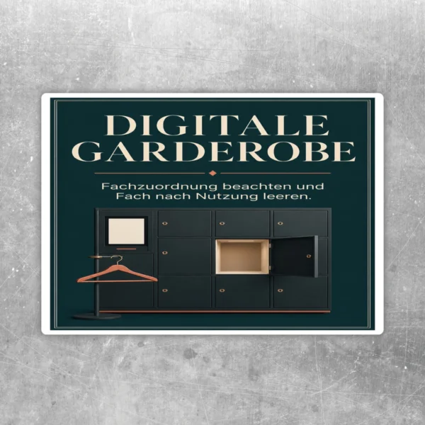 Hochformatiger Digitale Garderobe Aufkleber in Dunkelgrün mit Hinweis zur Fachzuordnung und zum Leeren der Fächer.