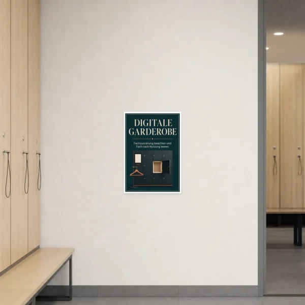 KI-generiertes Anwendungsbeispiel: Digitale Garderobe Aufkleber auf grauer Fläche mit Fächern, Bügel und Nutzungshinweis.