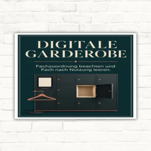 Digitale Garderobe Schild mit Text „Fachzuordnung beachten und Fach nach Nutzung leeren“ sowie Schließfachmotiv.