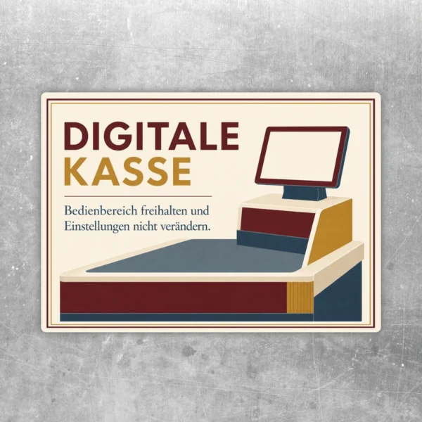 Digitale Kasse Aufkleber im Querformat mit Retro-Kassenmotiv und Hinweis Bedienbereich freihalten.