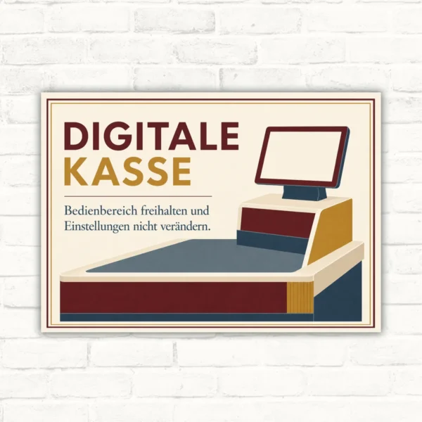 Digitale Kasse Schild mit Text „Bedienbereich freihalten und Einstellungen nicht verändern“ als querformatiges Hinweisschild.