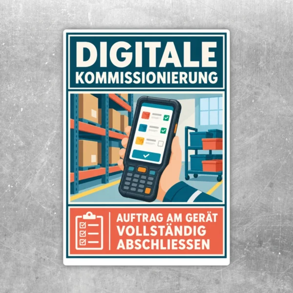 Digitale Kommissionierung Aufkleber mit Lagerregalen, Handgerät und Hinweis Auftrag am Gerät vollständig abschließen.