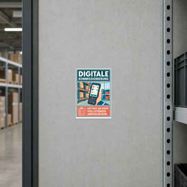 KI-generiertes Anwendungsbeispiel: Digitale Kommissionierung Aufkleber an Lagerstation mit Scanner und Prozesshinweis.