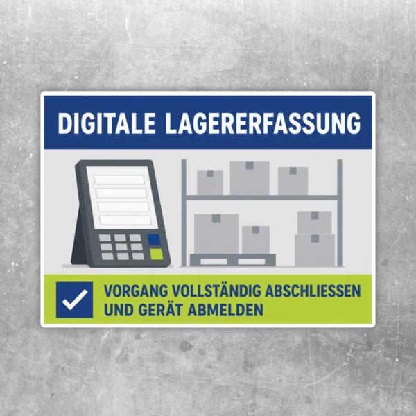 Aufkleber digitale Lagererfassung mit Scanner, Lagerregal und Hinweis zum Abschließen und Abmelden des Geräts.