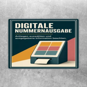 Digitale Nummernausgabe Aufkleber mit Gerät, Auswahlfeldern und Hinweis zum Anliegen auswählen in Grün und Creme.