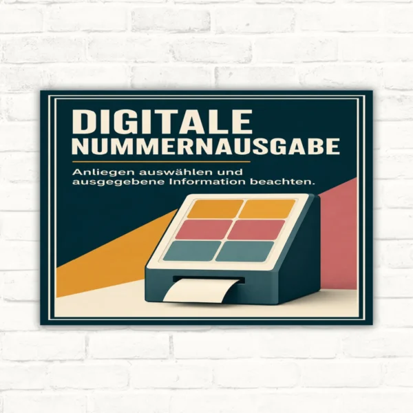 Digitale Nummernausgabe Schild mit Text „Anliegen auswählen und ausgegebene Information beachten“ und Ticketautomat-Grafik.