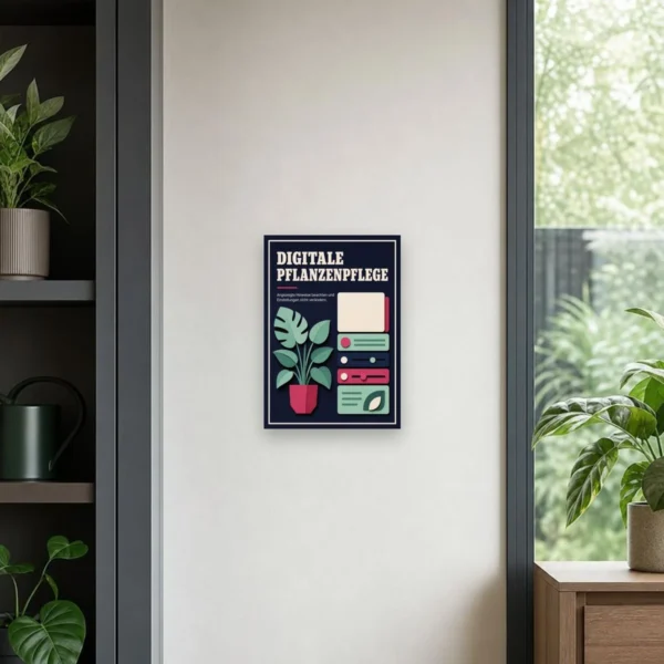 KI-generiertes Anwendungsbeispiel: Pflanzenpflege Schild „Digitale Pflanzenpflege“ als bedrucktes Hinweisschild an einer Wand.