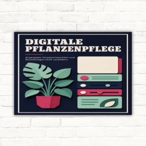 Pflanzenpflege Schild mit Wortlaut „Digitale Pflanzenpflege“ und Hinweis zu Einstellungen, dunkles Motiv mit Pflanze und Reglern.