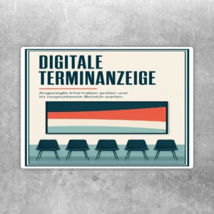 Aufkleber Digitale Terminanzeige mit Wartezimmer-Stühlen, Anzeige und Hinweistext in Creme, Dunkelblau, Rot und Türkis.