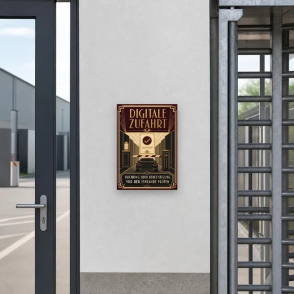 KI-generiertes Anwendungsbeispiel: Digitale Zufahrt Schild mit Hinweis zur Buchung oder Berechtigung vor einer Schranke.