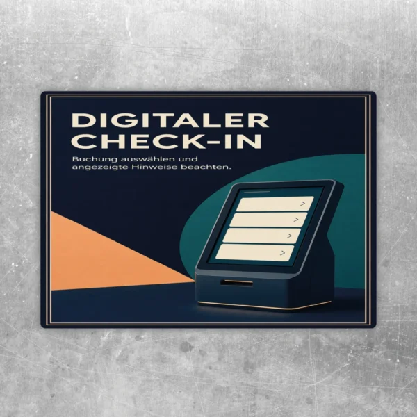Digitaler Check-in Aufkleber im Hochformat mit Terminalgrafik, cremefarbener Schrift sowie orange-türkisen Flächen.