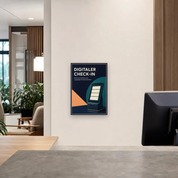 KI-generiertes Anwendungsbeispiel: Digitaler Check-in Schild mit Terminal-Grafik für Empfang und Self-Check-in.