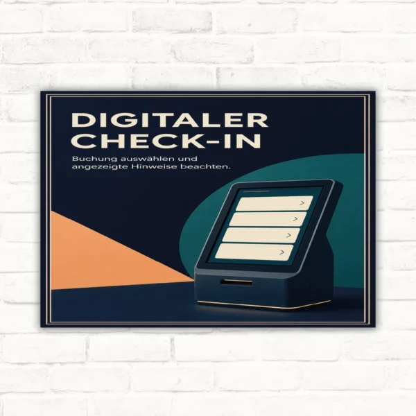 Digitaler Check-in Schild mit Text „Buchung auswählen und angezeigte Hinweise beachten“ und Terminal-Grafik.