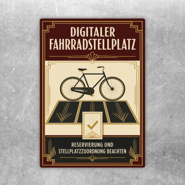 Fahrradstellplatz Aufkleber mit Retro-Fahrradmotiv, Reservierungshinweis und burgunderrotem Rahmen auf hellem Grund.