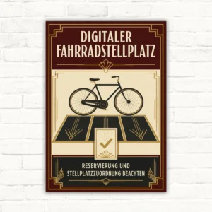 Fahrradstellplatz Schild mit Text „Digitaler Fahrradstellplatz“ und Hinweis „Reservierung und Stellplatzzuordnung beachten“.