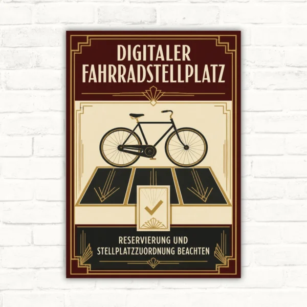 Fahrradstellplatz Schild mit Text „Digitaler Fahrradstellplatz“ und Hinweis „Reservierung und Stellplatzzuordnung beachten“.