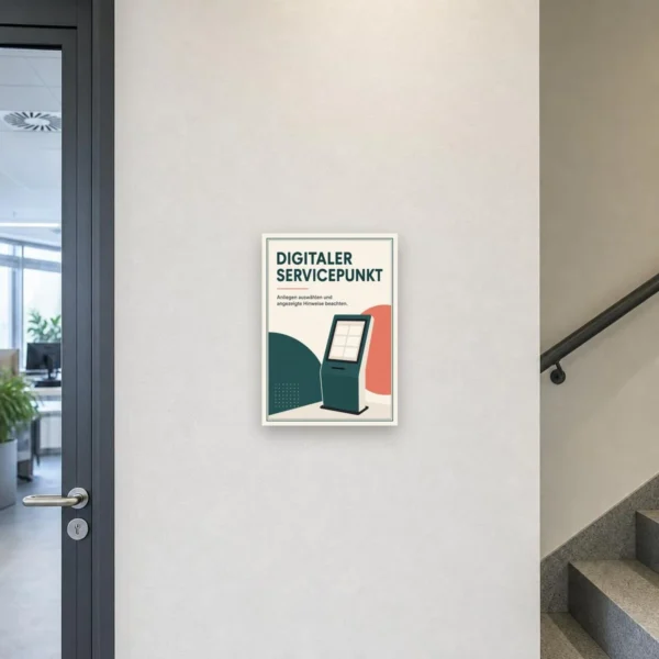 KI-generiertes Anwendungsbeispiel: Digitaler Servicepunkt Schild mit Terminal und Hinweis zum Anliegen auswählen.