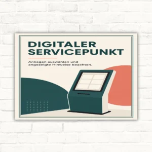 Digitaler Servicepunkt Schild mit Text „Anliegen auswählen und angezeigte Hinweise beachten“ und Terminal-Grafik.