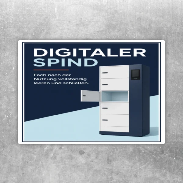 Digitaler Spind Aufkleber mit Hinweis Fach nach Nutzung vollständig leeren und schließen in Blau-Weiß.