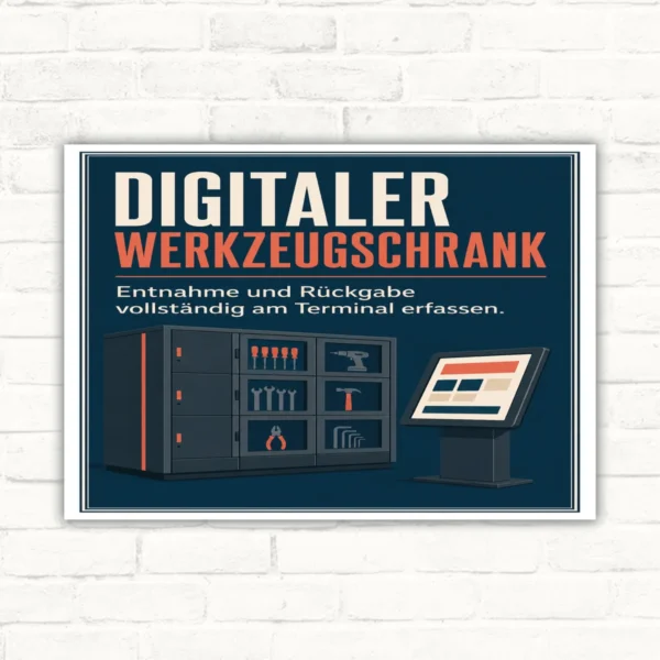 Schild „Digitaler Werkzeugschrank“ mit Hinweis, Entnahme und Rückgabe vollständig am Terminal zu erfassen.
