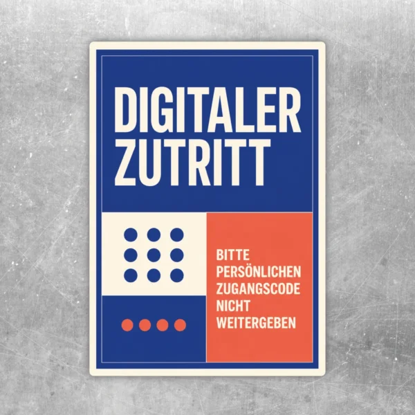 Aufkleber Digitaler Zutritt mit Hinweis, persönlichen Zugangscode nicht weiterzugeben, in Blau, Weiß, Rot und Creme.