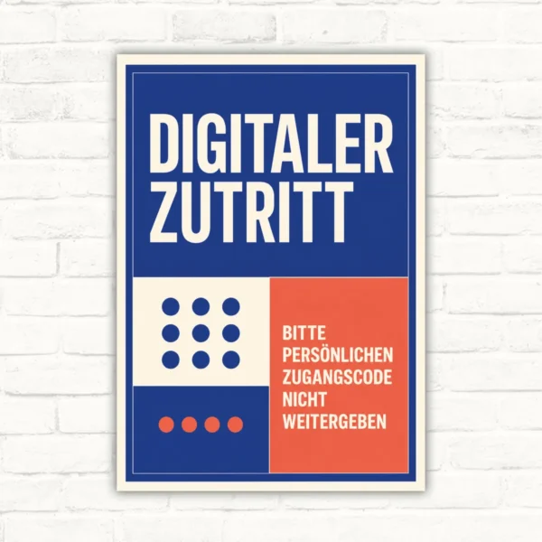 Digitaler Zutritt Schild mit Text „Bitte persönlichen Zugangscode nicht weitergeben“ als blau-rotes Hinweisschild.
