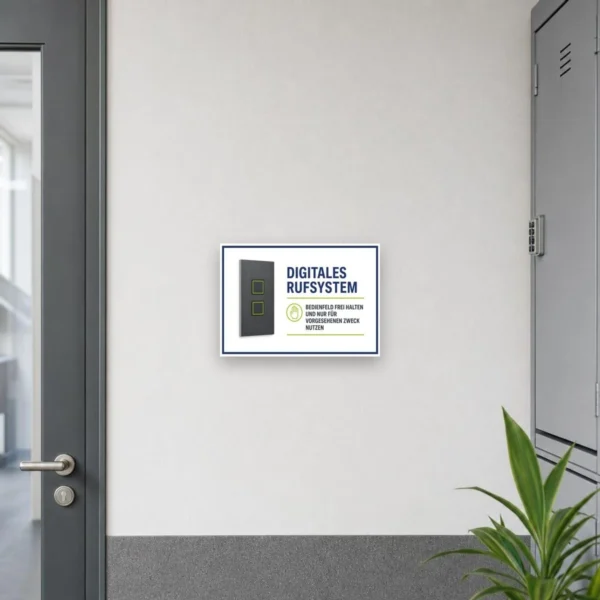 KI-generiertes Anwendungsbeispiel: Digitales Rufsystem Schild mit Bedienfeld-Hinweis an heller Wand im Querformat.