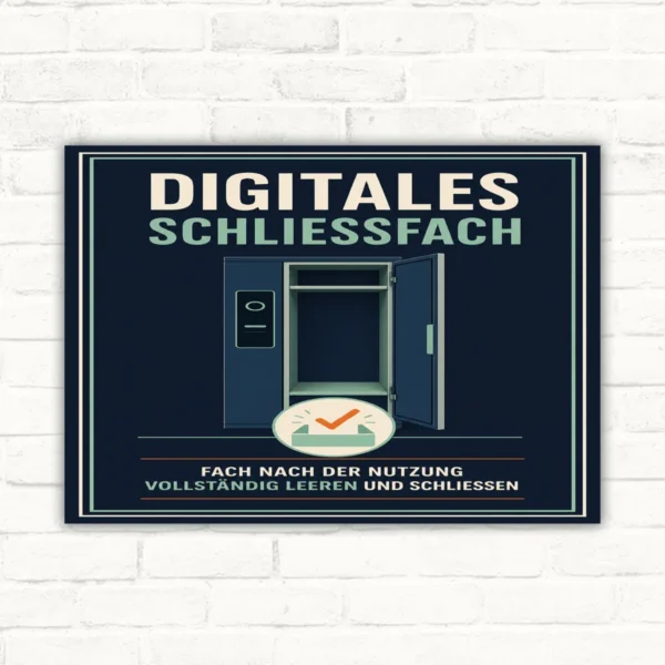 Digitales Schließfach Schild mit Text „Fach nach der Nutzung vollständig leeren und schließen“ als Hinweisschild.