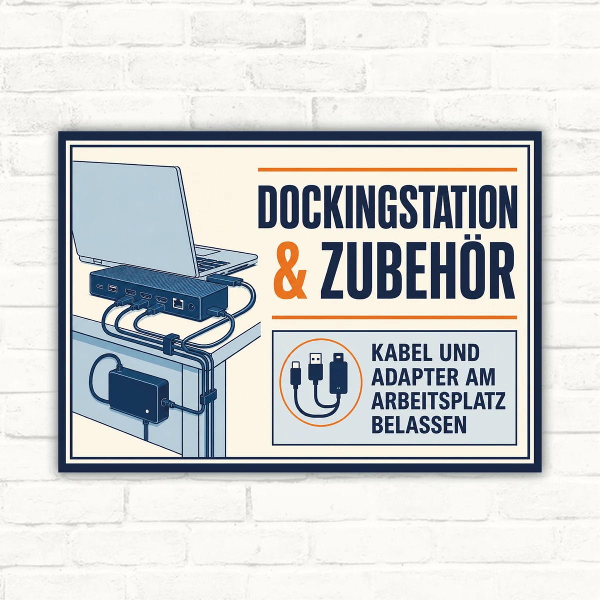 Dockingstation & Zubehör Schild mit Laptop, Kabeln und Adapterhinweis: Kabel und Adapter am Arbeitsplatz belassen.