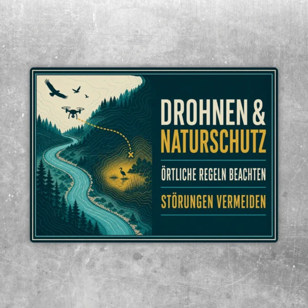 Drohnen Naturschutz Aufkleber im Querformat mit Wald, Fluss, Drohne und Hinweis auf örtliche Regeln.