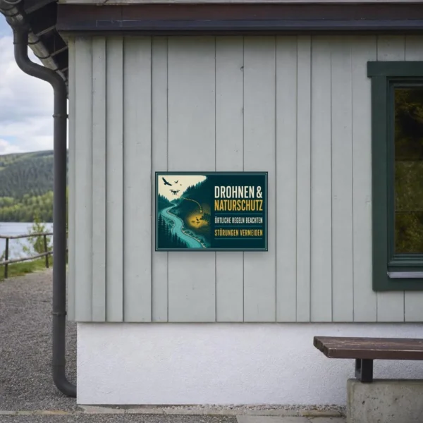 KI-generiertes Anwendungsbeispiel: Drohnen Naturschutz Schild an Wand mit Waldmotiv und Hinweis auf örtliche Regeln.