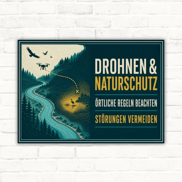 Drohnen Naturschutz Schild mit Text „Örtliche Regeln beachten, Störungen vermeiden“ im Querformat für Naturflächen.