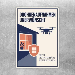 Drohnenaufnahmen unerwünscht Aufkleber im Hochformat mit Haus, Drohne und Hinweis Bitte Privatsphäre respektieren.
