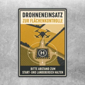 Drohneneinsatz Aufkleber zur Flächenkontrolle mit Drohne, Landeplatz und Hinweis Abstand halten.