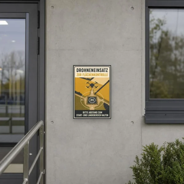 KI-generiertes Anwendungsbeispiel: Drohneneinsatz Schild zur Flächenkontrolle mit markiertem Start- und Landebereich.