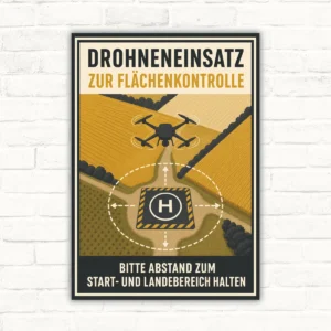 Drohneneinsatz Schild mit Text „Zur Flächenkontrolle“ und Hinweis, Abstand zum Start- und Landebereich zu halten.