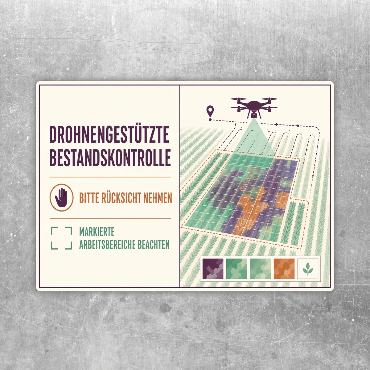 Drohnen Bestandskontrolle Aufkleber im Querformat mit Hinweisen zu Rücksicht und markierten Arbeitsbereichen.