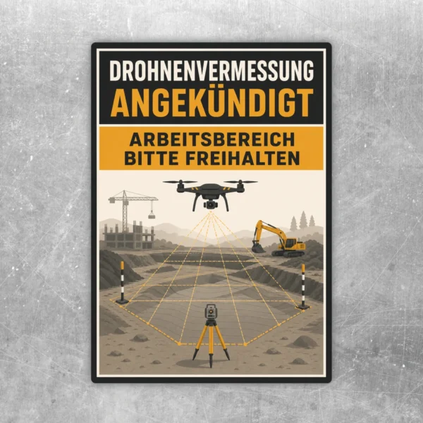 Drohnenvermessung Aufkleber im Hochformat mit Drohne, Baustelle und Text Arbeitsbereich bitte freihalten.