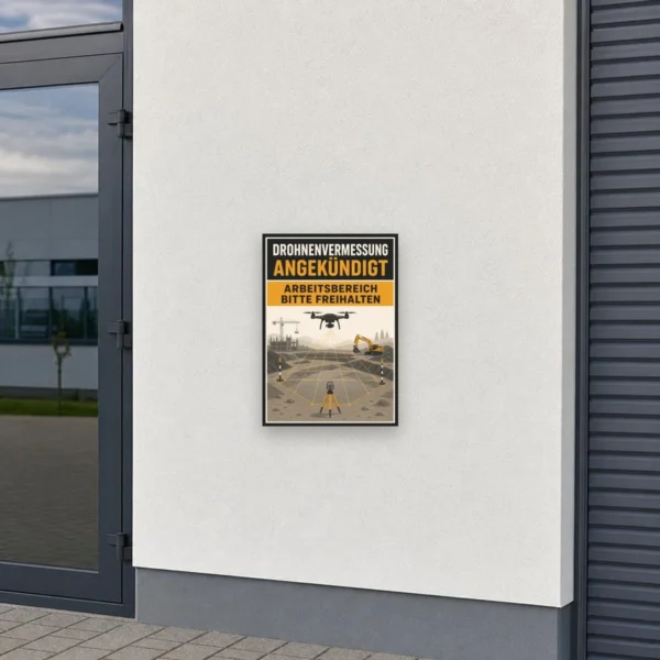KI-generiertes Anwendungsbeispiel: Drohnenvermessung Schild mit Text „Arbeitsbereich bitte freihalten“ an Baustelle.