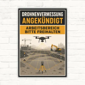 Drohnenvermessung Schild mit Text „Angekündigt – Arbeitsbereich bitte freihalten“ und Baustellenmotiv im Hochformat.