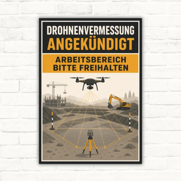 Drohnenvermessung Schild mit Text „Angekündigt – Arbeitsbereich bitte freihalten“ und Baustellenmotiv im Hochformat.