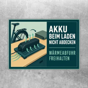 E-Bike Akku Aufkleber mit Ladegerät, Luftstrom-Pfeilen und Text „Beim Laden nicht abdecken“ im Querformat.