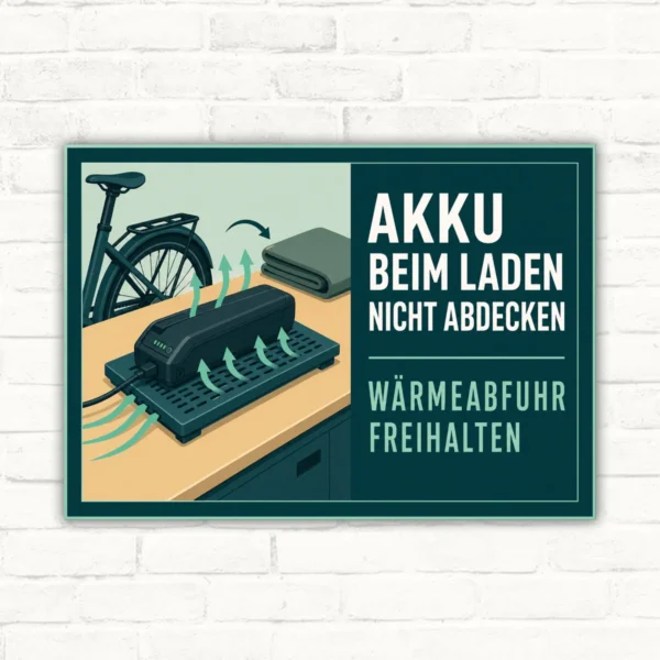 E-Bike Akku Schild mit Text „Akku beim Laden nicht abdecken – Wärmeabfuhr freihalten“ und Ladeillustration.