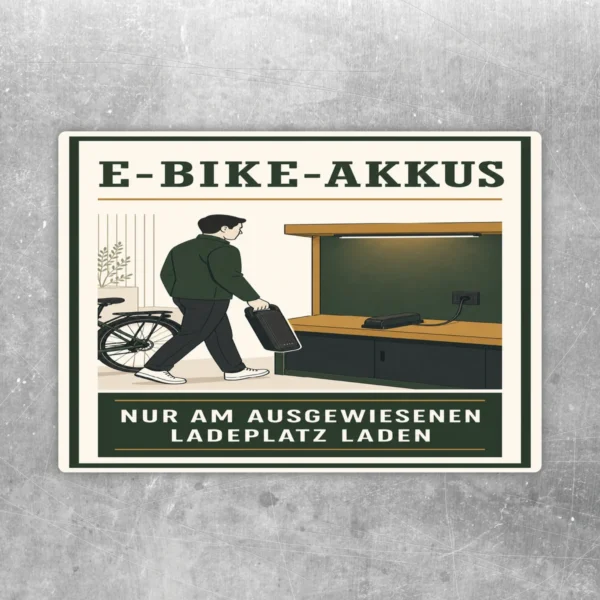 E-Bike-Akkus Ladeplatz Aufkleber mit Illustration und Hinweis: Nur am ausgewiesenen Ladeplatz laden.